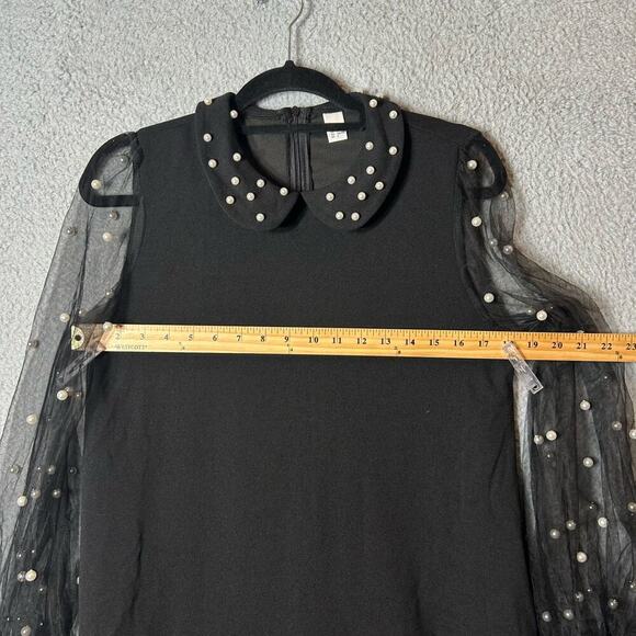 Dress Womens S Black Pearl‎ Beaded Tie Neck Mesh Bishop Sleeve Wedding Formal - Picture 5 of 9